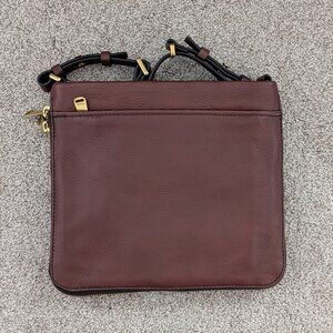 Fossil Leather expandable purse, brown with gold accents and adjustable strap.